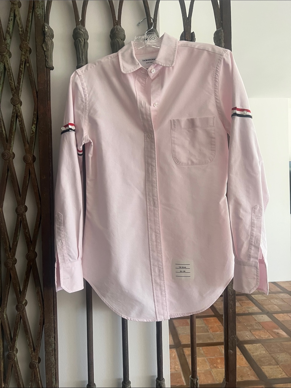 Thom Browne Light Pink Oxford Shirt with Tricolor Sleeve Bands